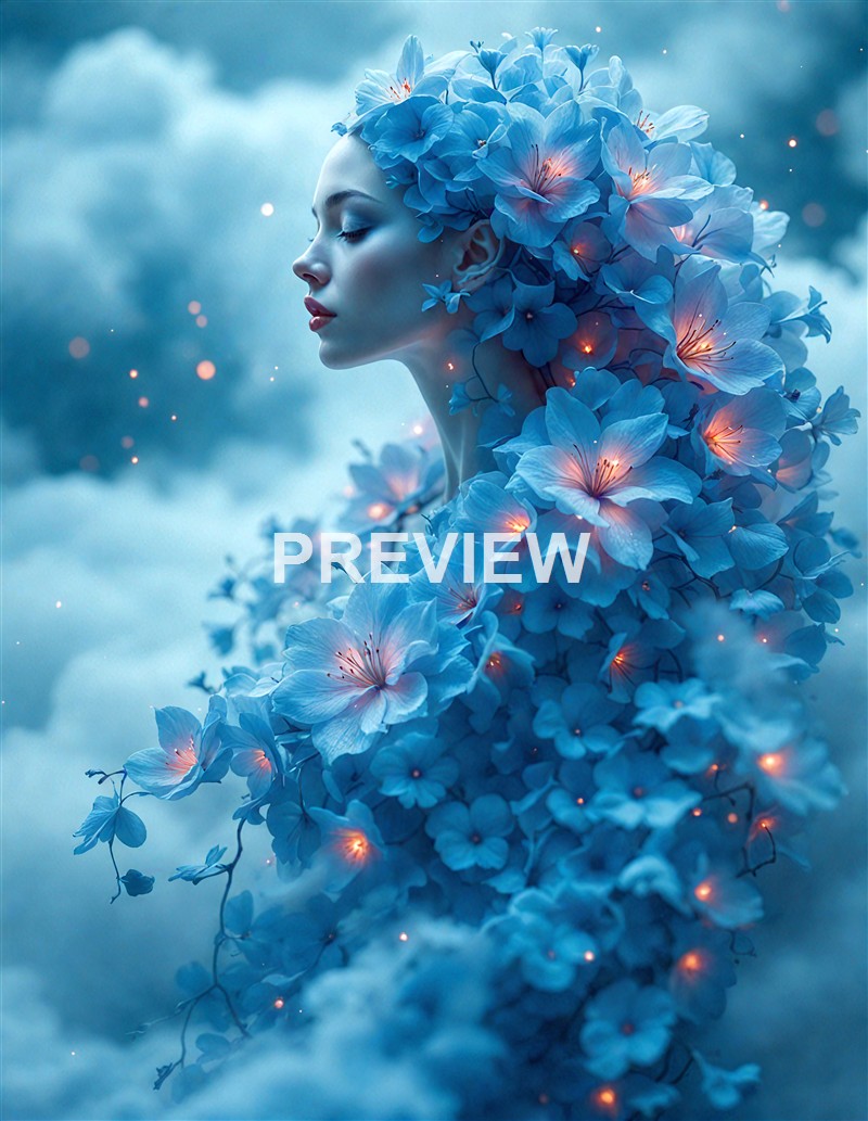 A woman with closed eyes has her head and shoulders adorned with large, glowing blue flowers, blending into a dreamy, cloudy background with small glowing particles.